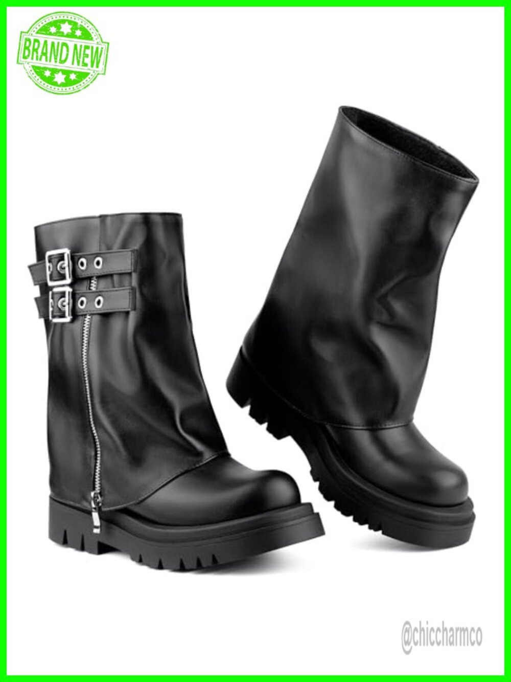 Faux Leather Mid Calf Fold Over Moto Combat Boots
